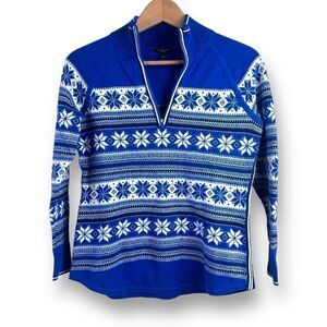 Talbots Women's S Petite Quarter Zip Faire Isle Sweater‎ Royal Blue Nordic Print